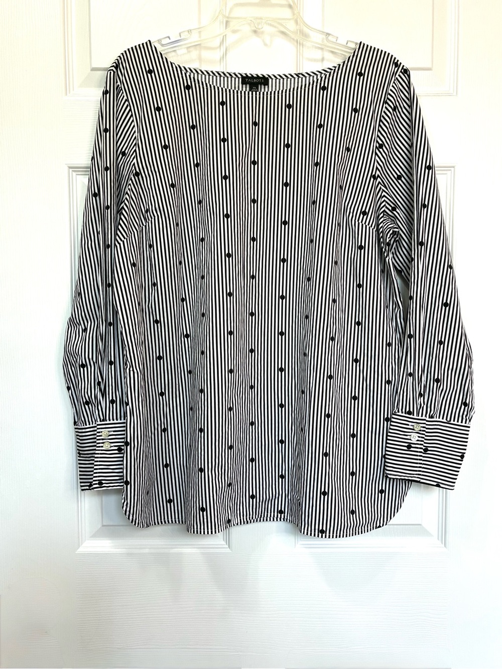 Talbots Blouse Women’s XL Black stripes With Dots Side Zip Button Cuffs Office
